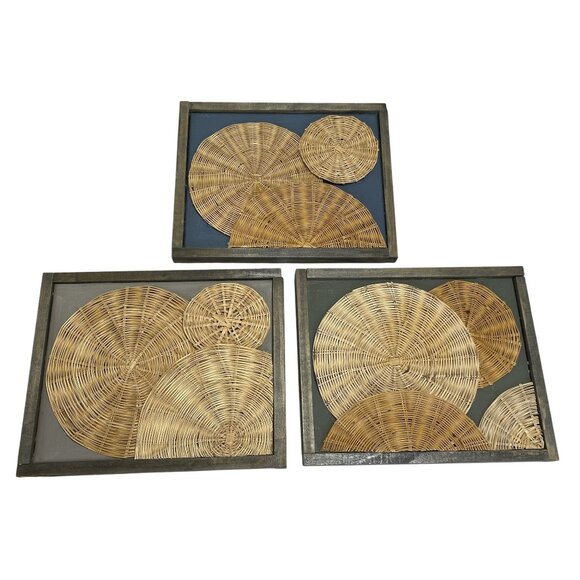 Set Of 3 Woven Rattan Wall Art With Wooden Frames - Picture 1 of 4